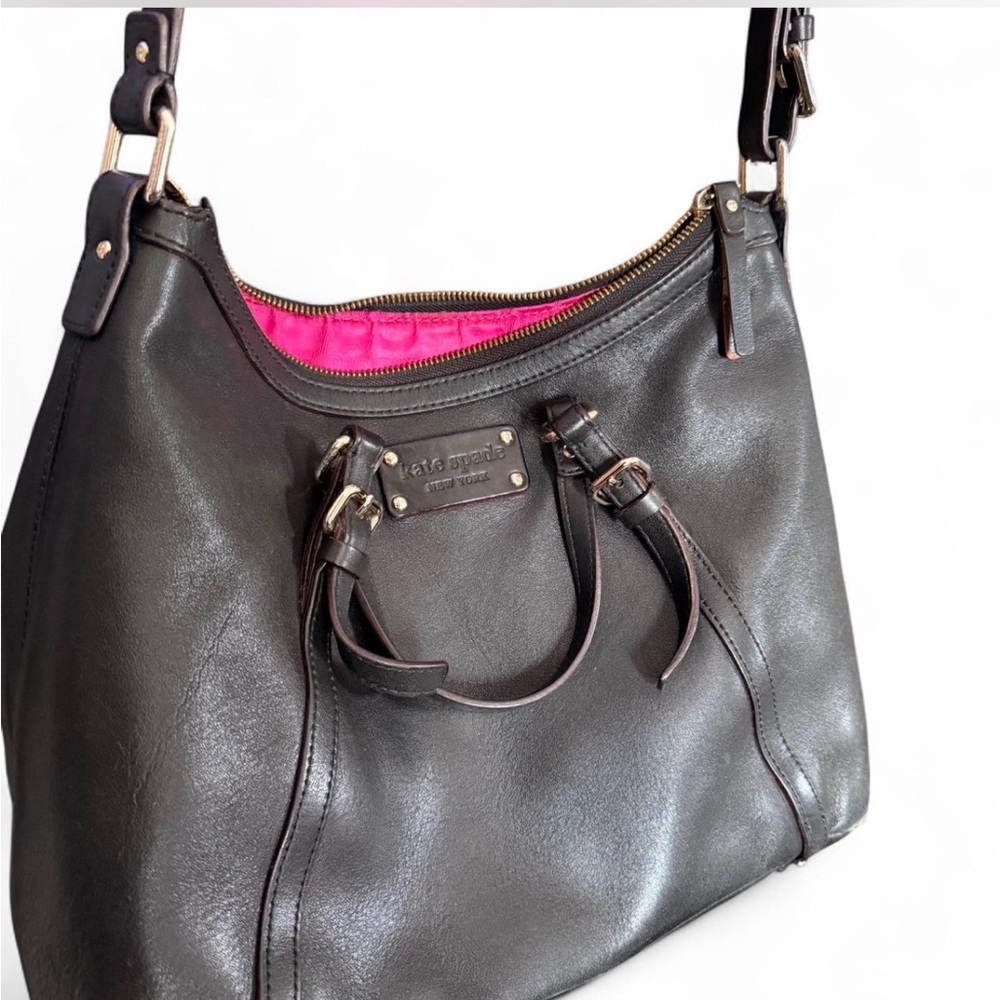 Kate Spade Dark Leather Shoulder Bag with Pink Lining